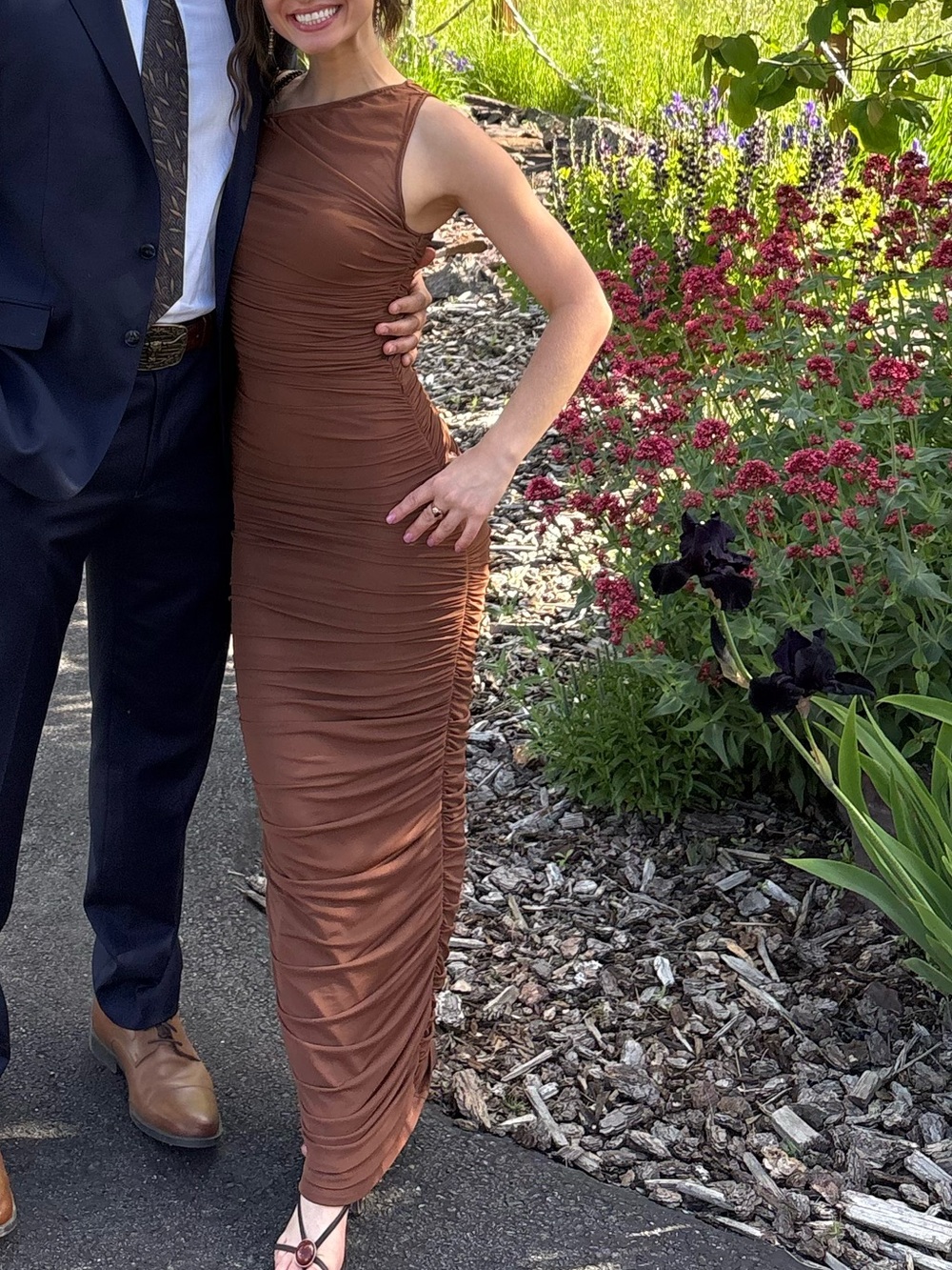 AFRM Brown Ruched Mesh One Shoulder Maxi Dress XS